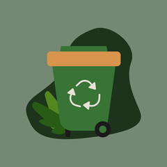 Illustration of a green trash bin with recycling symbol. Suitable for waste management, sustainability, and eco-friendly topics.
