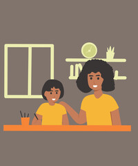 Flat illustration of a woman and a child working on a project together at home. Suitable for themes like education, teamwork, family, and learning.
