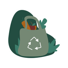 Eco-friendly illustration of a reusable shopping bag with recycling symbol and vegetables. Perfect for sustainability, zero waste, and green living themes.