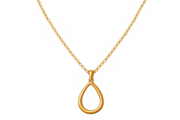 Golden teardrop pendant dangling from delicate gold chain, showcasing elegant jewelry design against transparent backdrop
