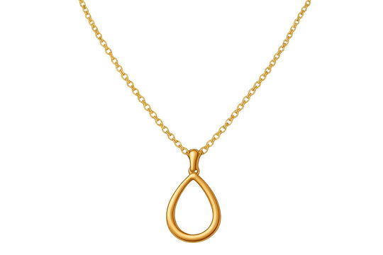 Golden teardrop pendant dangling from delicate gold chain, showcasing elegant jewelry design against transparent backdrop