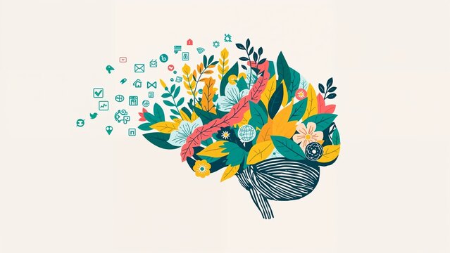 Illustration of a brain filled with colorful plants and leaves and social media icons floating away