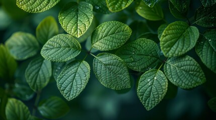 Lush leaves. Green foliage close-up with delicate water droplets sparkling on the textured surfaces