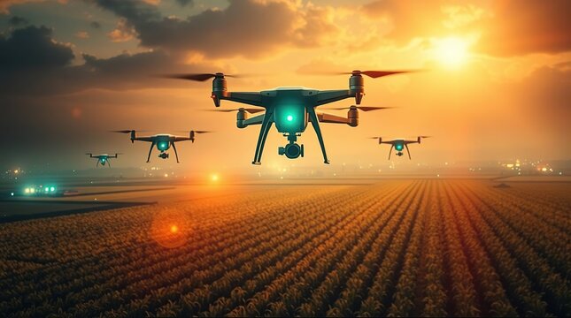 Drones fly over farmland at sunset
