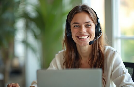 Smiling woman wears headset, works on laptop in modern office. She celebrates work success with enthusiasm and positive energy. Represents remote work, communication, and career achievement.