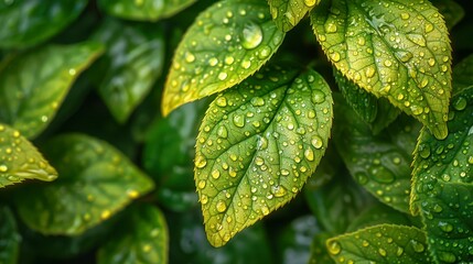 Green leaves, glistening with clear raindrops, shine with sunlight. Dew drops on the leaf surface
