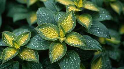 Hosta leaves, green edged and yellow streaked, covered in tiny water droplets