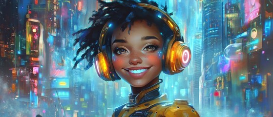 Smiling young woman listening to music in futuristic city