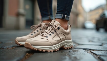 Stylish beige leather hiking sneakers for women. These urban footwear feature a chunky sole and lace-up design for comfortable outdoor adventures. Perfect for city walking, casual wear, and travel.