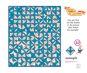 Logic puzzle game for children and adults. Can you find 10 tiles hidden in the picture that match the example? Game Seek and Find. Task for attentiveness. Brain teaser book. Vector image.