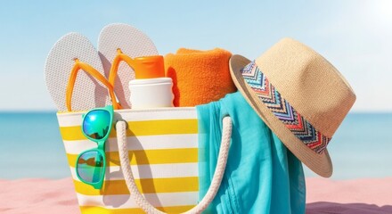 summer beach vacation essentials with striped bag, flip flops, sunglasses, hat, towel, and sunscreen on sand by the ocean under clear sky