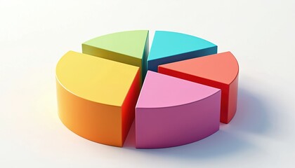 Obraz premium Colorful pie chart with six distinct sections on a plain white background. This data visualization tool uses bright, vibrant colors for clear information presentation and analysis.