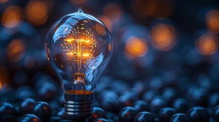 Glowing lightbulb reflects filament and shines over dark spheres, surrounded by warm bokeh dots