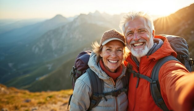Smiling senior couple takes selfie at mountain summit. Experienced hikers enjoy outdoor adventure, explore new places together. Active lifestyle, memory making, healthy relationships, nature