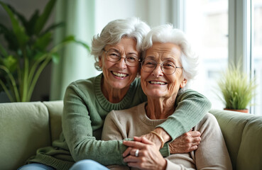 Smiling senior lesbian couple embracing on couch in home living room. Caucasian women, middle-aged, happy, affectionate, sharing moment of togetherness, connection. Casual attire, comfortable