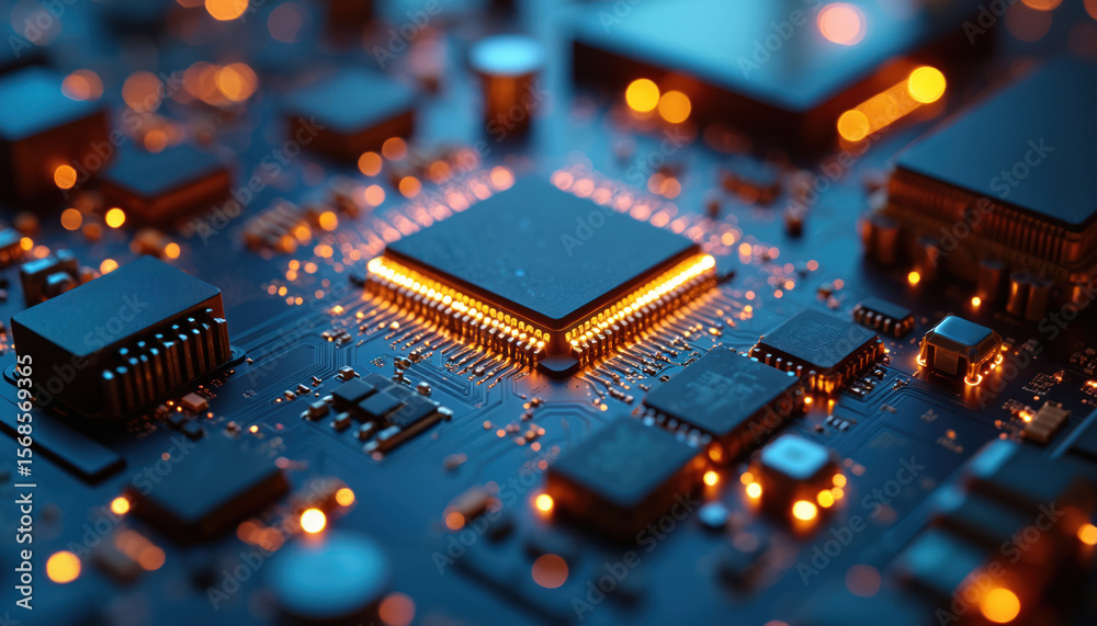 Poster close-up of glowing microchip with intricate circuits on a dark blue motherboard. advanced technolog
