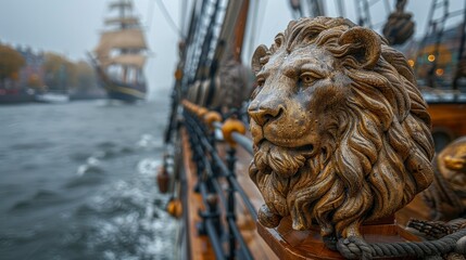 Ornate lion figurehead on a vintage sailing ship, water, and another ship blurred