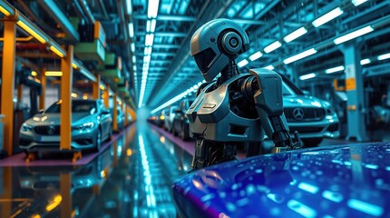 Robot in futuristic car factory.