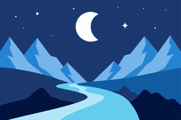 Serene Night Moonlit Mountains and a Winding River Landscape Illustration