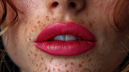 Close-up view of face; focus on bright pink lips and freckled skin