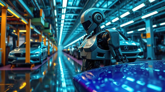 Robot in futuristic car factory.