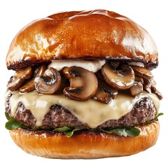 A mushroom Swiss burger isolated on a white background