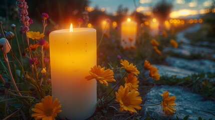 Warm candles illuminate a path through wildflowers at twilight, soft glow against a dusky sky