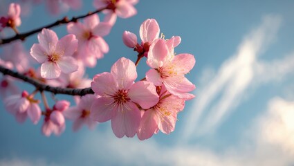 A beautiful blooming sakura blossom close-up on a blue sky background