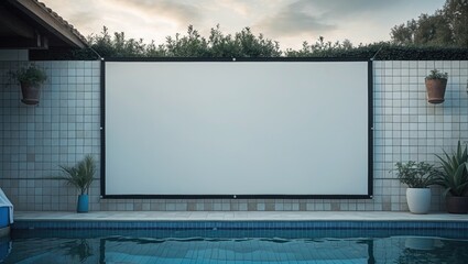Blank white large outdoor waterproof projector screen hanging on tiles wall near the swimming pool with empty space for text.