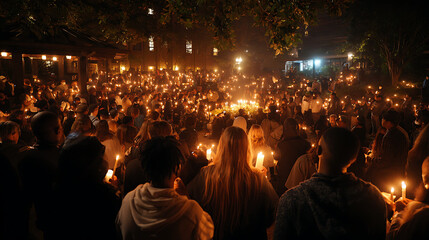 Large group of people holding candles at night in an outdoor gathering illuminated by candlelight