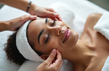 Young Black woman receives relaxing facial massage at luxury spa. Eyes closed in contentment as therapist hands gently work on face. Wears white headband, towel, embodying pure bliss, rejuvenation.
