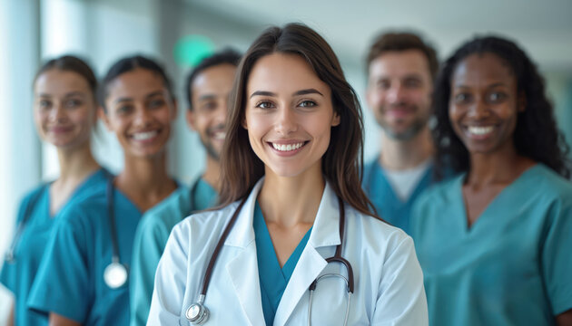 Diverse medical team of doctors, nurses posing together in hospital. Multidisciplinary group in uniform, led by female doctor. Healthcare facility staff show teamwork, dedication, care for patients.