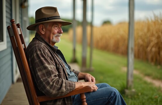 Elderly man with grey hair, beard sits on wooden rocking chair on porch. Wears hat, plaid shirt, smiling contentedly. Blurred background of cornfield, plants suggests summer rural setting, peaceful - Powered by Adobe