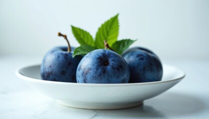 Obraz premium Three fresh ripe blue plums with green leaves sit in white bowl against light backdrop. Vibrant fruit arrangement natural sweetness, organic freshness, perfect for healthy eating, summer harvest
