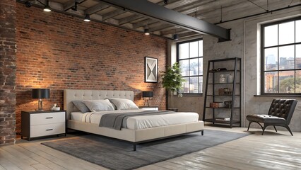 Bedroom interior with exposed brick wall, bed, nightstand, and large windows creating space