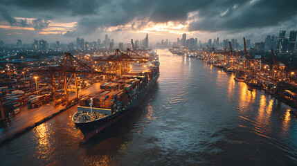 Naklejka premium Aerial view of a container ship at a busy port with city skyline at dusk under a cloudy sky scene