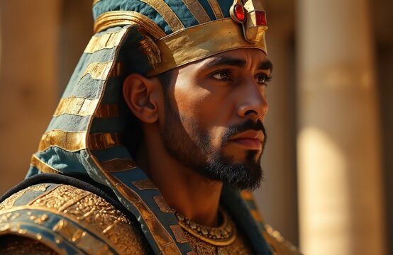 Man in regal attire, possibly Joseph, in ancient Egypt. Rich gold, teal clothing suggests high status, perhaps as governor. Historical, religious, biblical theme with elements of service, leadership.