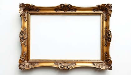 Ornate vintage gold frame on white background. Horizontal rectangle features elaborate carvings, classic baroque style, gilded finish. Perfect for displaying art, photos, creating elegant