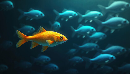 Fototapeta premium One golden fish swims against school of blue fish. Individuality, courage, nonconformity. Bright fish stands out, representing leadership, breaking from norm. Powerful metaphor for perseverance,