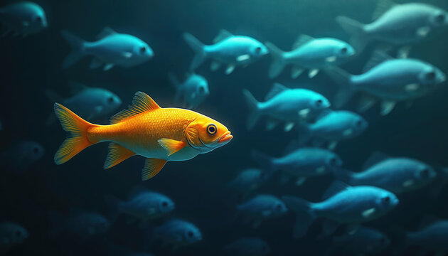 One golden fish swims against school of blue fish. Individuality, courage, nonconformity. Bright fish stands out, representing leadership, breaking from norm. Powerful metaphor for perseverance,