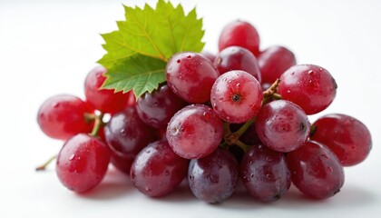 Fototapeta premium Bunch of ripe red grapes with water droplets placed on white isolated background. Fresh fruit features vibrant color, smooth texture, perfect for healthy eating, cooking, wine making themes. Leaves