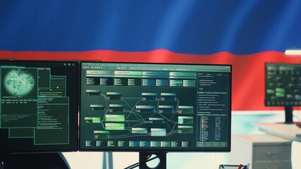 Surveillance and hacking room with a Russian flag on big screen, representing cyber espionage and...