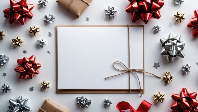 A blank note card surrounded by bows on a white background, ideal for gift tags etc, with space for writing