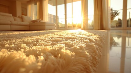Sunlight streams through patio doors, illuminating a cozy living room with a shag rug and white couch