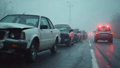 Massive pileup on foggy freeway. Damaged cars line road. Emergency vehicle lights flash red. Poor visibility due to heavy fog creates hazardous driving conditions. Traffic stopped. Chaos scene.