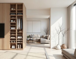 Modern apartment interior with clean, tidy living room design. Features open-plan layout, spacious feel, natural light. Includes sofa, table, chair, wooden wardrobe, shoe cabinet, creating