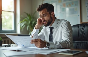 Worried businessman examines business report document at office desk. Appears concerned about contract paper details. Man in white shirt, tie at work, analyzing information, facing financial legal