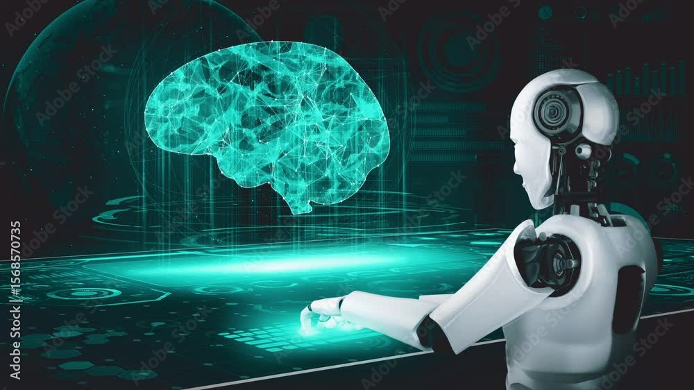 Poster robot hominoid use laptop and sit at table in concept of ai thinking brain , artificial intelligence