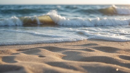 Closeup of sandy beach with soft incoming waves, selective focus, and empty space for text.
