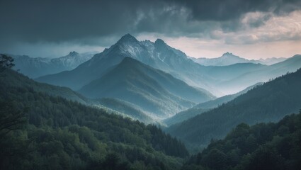 A beautiful mountain and forest scape panorama in view mountains